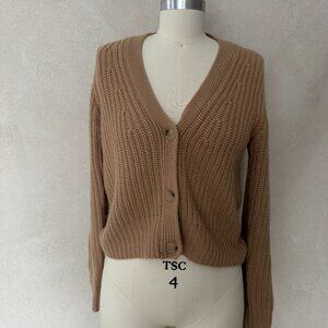 Nili Lotan Cashmere Ribbed Cardigan Camel Cropped Sweater XS Luxury Knit